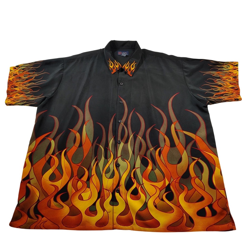 Harbor Bay Mens 3X Flame Print Short Sleeve Button Down Shirt Black Orange Fire